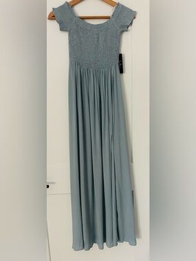 🔵 Lulus Patsy Sage Blue Off the Shoulder Dress